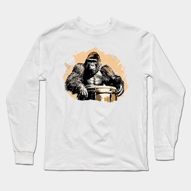 Gorilla playing drums Long Sleeve T-Shirt by Graceful Designs